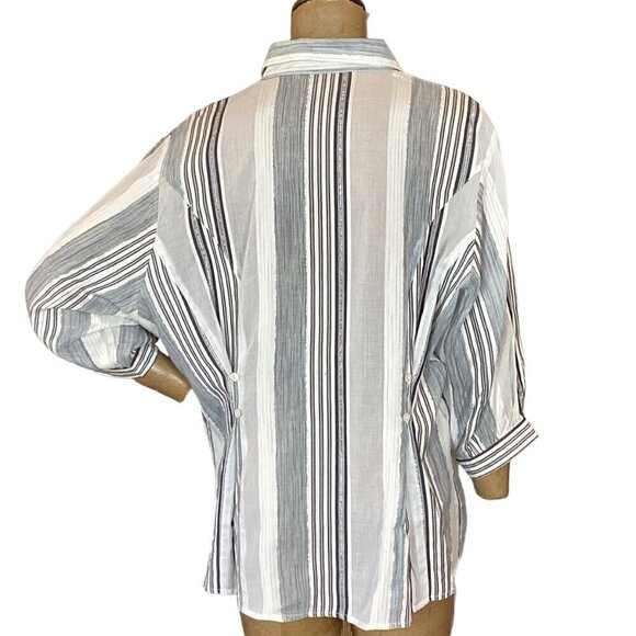 Peter Nygard Balloon Sleeve Button-Up Metallic Stripe Top M/L Gray Silver 295i - Picture 5 of 9